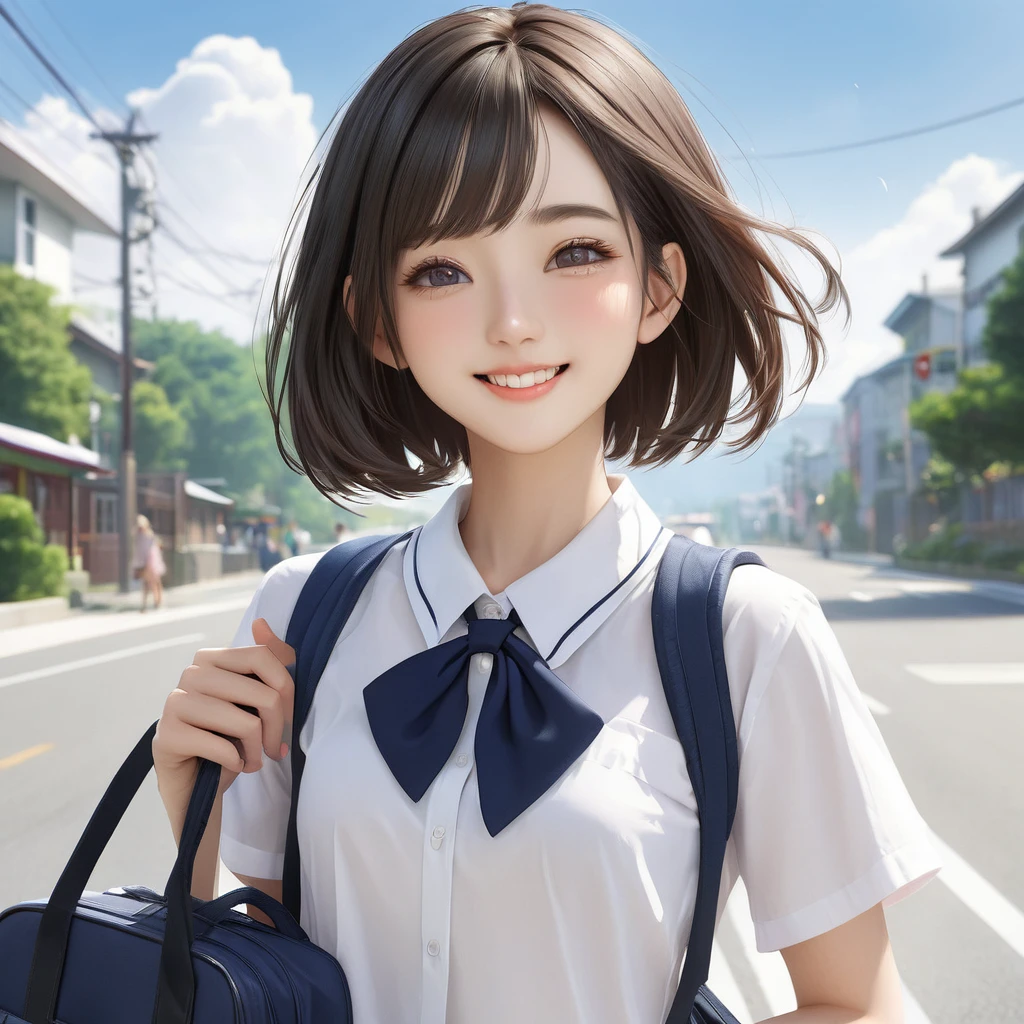 masterpiece:1.3), (8k, Realistic, RAW Photos: 1.4), Japanese, (1 female), 、Beautiful Face, Round face,A little small chin (Lively Faces), (Short Bob。Side pop-up:1.3)、Realistic eyes, Beautiful Eyes、Thin eyebrows、Open your mouth slightly、Cute smile、(Realistic Skin), Beautiful Skin, charm, Ultra-high resolution, Surreal、Summer clothes、school uniform、Checked chool bag、Going home、A strong wind is blowing、whole body、