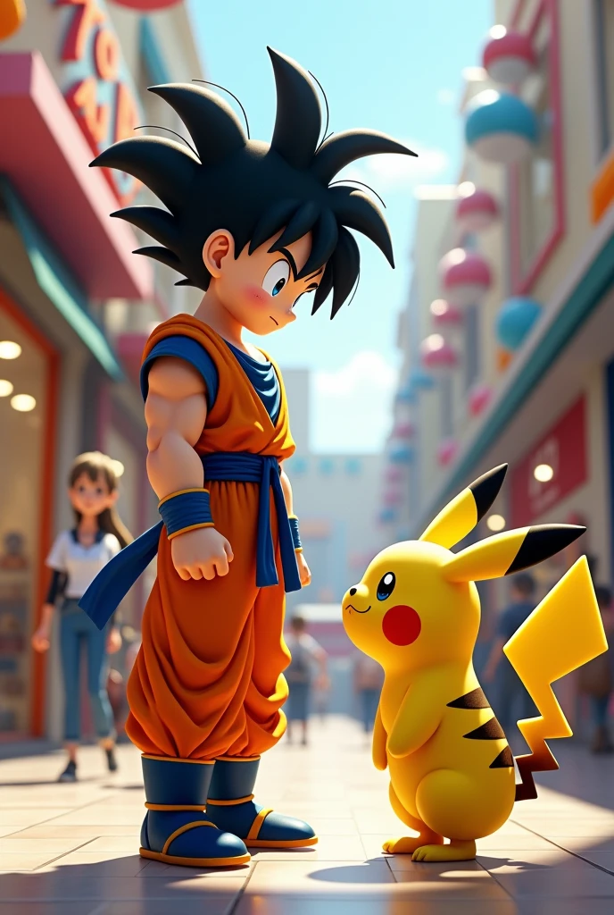  goku whith black hair and orange and little pikachu are friends in the mall

