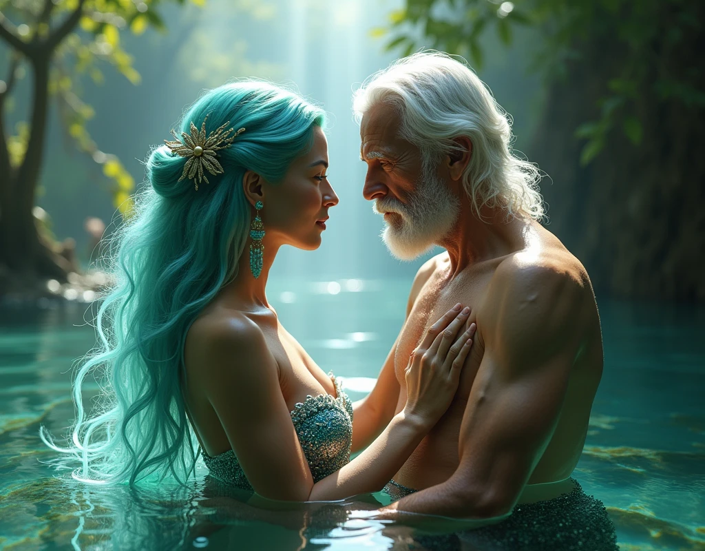 A woman looking like Iara, mermaid of Rio with an elderly man with white hair and no beard with her.