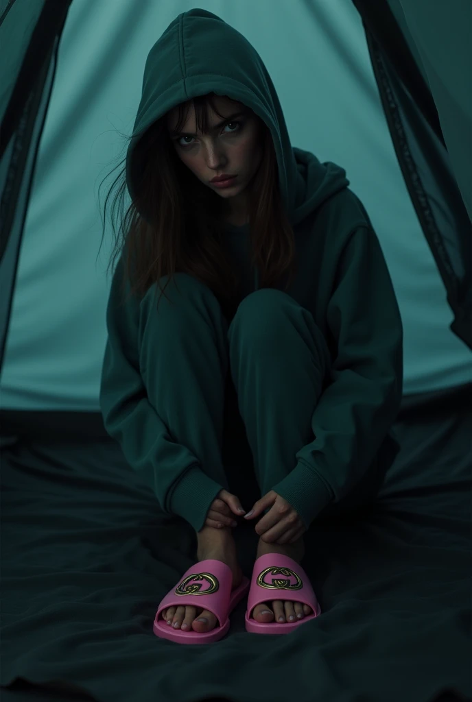 A lady inside a tent scared wearing hoodie and Shorts no lights scared wearing Pink gucci slides