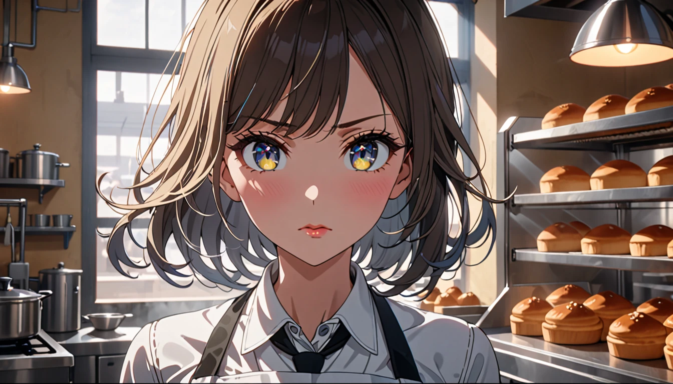 a girl in an apron standing in a bakery kitchen with a determined expression, detailed face, beautiful eyes, detailed lips, long eyelashes, animetic, 4k, 8k, highres, masterpiece, ultra-detailed, vivid colors, natural lighting, cinematic, elegant, graceful, ethereal