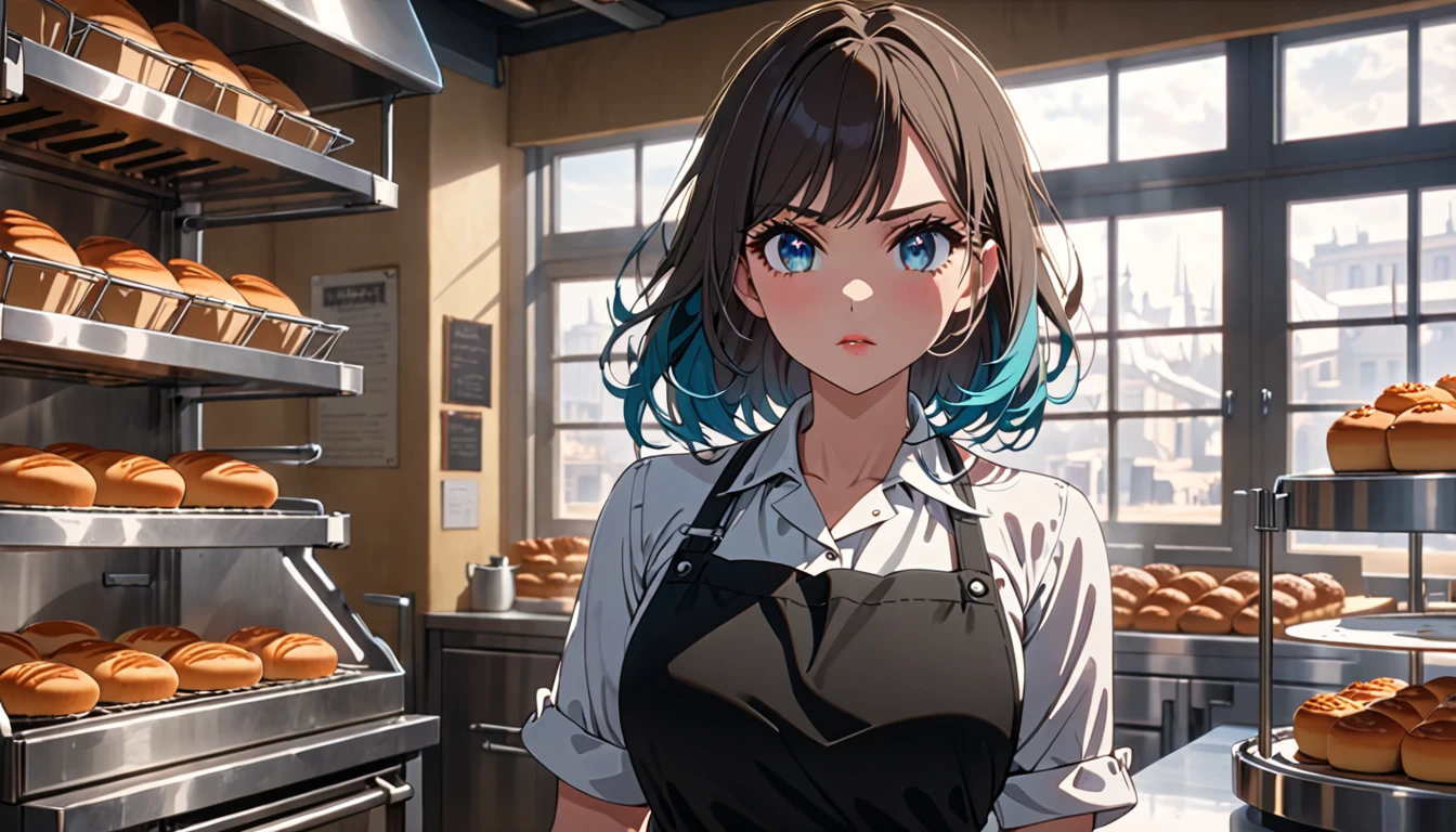 a girl in an apron standing in a bakery kitchen with a determined expression, detailed face, beautiful eyes, detailed lips, long eyelashes, animetic, 4k, 8k, highres, masterpiece, ultra-detailed, vivid colors, natural lighting, cinematic, elegant, graceful, ethereal