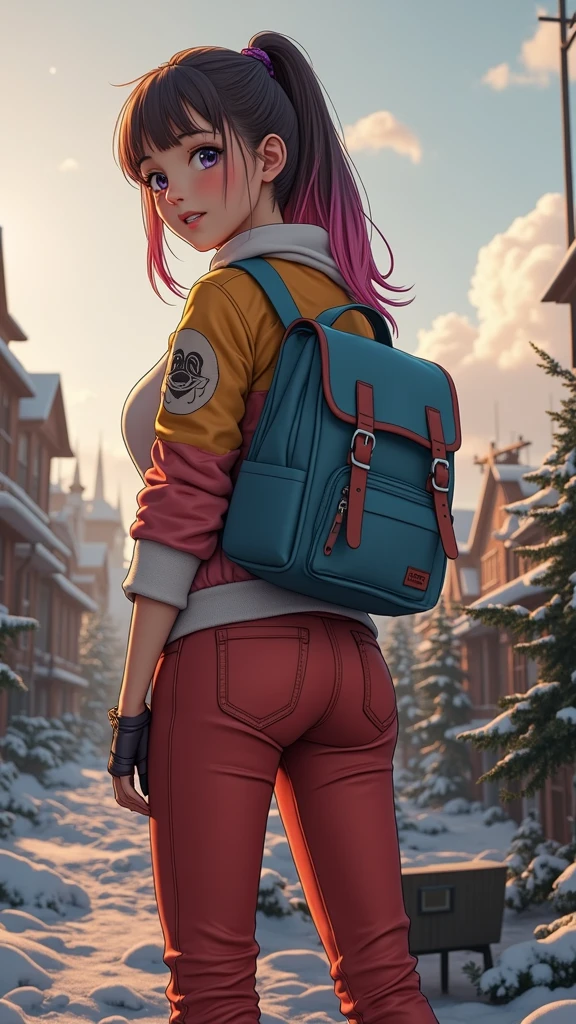 Girl with backpack on her back, In Hayao Miyazaki&#39;s beautiful anime scene: Such a nevada，Huge Miyazaki clouds float in the blue sky, Lovely snowy city with glorious sunshine, Landscape by Hayao Miyazaki，(The side view：1.5)，(top yellow:1.4), (red jeans:1.4),(pink hair+yellow:1.4),(cyberpunk:1.4),(fishnet stockings), unreal engine:1.4,UHD,The best quality:1.4, photorealistic:1.4, skin texture:1.4, masterpiece:1.8,