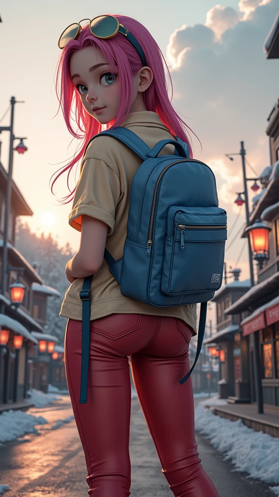 Girl with backpack on her back, In Hayao Miyazaki&#39;s beautiful anime scene: Such a nevada，Huge Miyazaki clouds float in the blue sky, Lovely snowy city with glorious sunshine, Landscape by Hayao Miyazaki，(The side view：1.5)，(top yellow:1.4), (red jeans:1.4),(pink hair+yellow:1.4),(cyberpunk:1.4),(fishnet stockings), unreal engine:1.4,UHD,The best quality:1.4, photorealistic:1.4, skin texture:1.4, masterpiece:1.8,