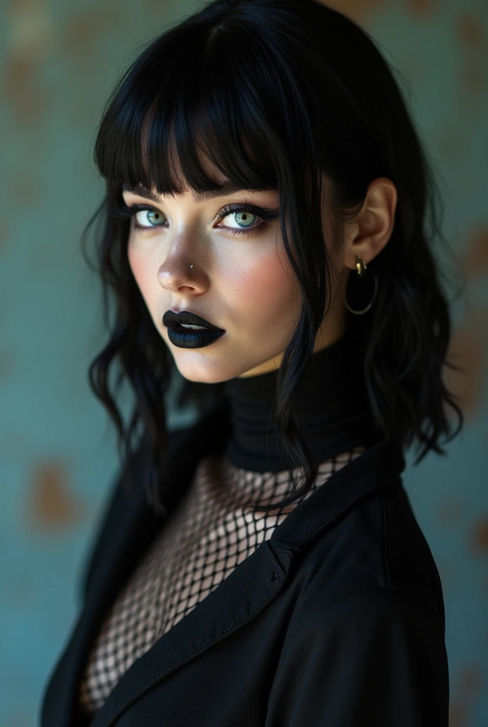 Create a character: a project that united the DNA of great celebrities, Yael Shelbia and Hannah Owo. Raising a girl, The most beautiful woman in the world.  This union, created the perfect woman, elected the most beautiful in the world, Your beauty is incomparable, embodies the Goddess of beauty. 1, 18-years old, Young Russian woman. Uma Goth girl de cabelo preto com franja, slicked black hair, black hair over the eyes, black bob haircut, black short hair, ela tem um corte de cabelo bob sexly. Beautiful blue eye, eyes in love, different, olhar sexly para a câmera, piercing look. Beautiful full mouth, full lips, fleshy lips, boca sensuous, perfect lips. gothic makeup, dark make-up, black lipstick, eyelash, delineado Gothic, black nails, true gothic, Goth girl, darwave, gothic aesthetic, vibrações de terror Gothic. amazing body, Rigid body, , lowrise, slim, breasts small, breast piercing, hardnipples, Waist slender, wide hip, big-ass, sensuous body, extremely hot, sexly, an attractive body, thighs exposed!! top model Gothic, pretty mistress, look sexly, hot, provocative, a tiny black dress, latex, corset, skin-tight outfit, fishnet stockings, knee high boots,punk inspiration, Gothic, art, Gothic!!, estilo Gothic, Gothic outfit, Goth girl, gothic vibe, Gothic style, Gothic, Gothic horror vibes, Gothic wearing, Gothic chique, Gothic fashion, gothic aesthetic, Gothic girl, Gothic aesthetic, dark and Gothic, head in front of the camera, frontal image, look at the erotic viewer, sensuous, Attractive posing, bold poses, posing frontally, she is looking at the front of the camera, mulher sensuous. 16k resolution, 8k, ultra HD, high qualiy, RAW, realisitic, retina, artistic, precise, anatomically correcte, texturized skin, high détail, awardwinning, cinematic lighting, hdr smooth, sharp focus, Nikon D850 DSLR, 50mm, Photorealistic Magazine Style, Masterpiece artwork, high budget Hollywood movie feel, Cinemascope,
