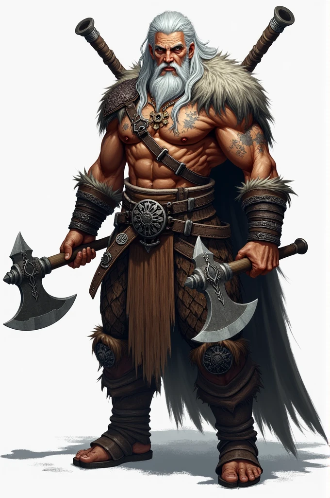 PueDes Diseñar un personaje para D&D, que sea De raza triflin,  hombre De clase barbara, De una altura De 1.84 cm, De ojos color negros, long white hair, amante De la cultura, sostenienDo Dos hachas De mano, De piel color gris plateaDo, que tenga una eDaD De 25 años, carganDo un espaDon en la espalDa, De apariencia DelgaDa