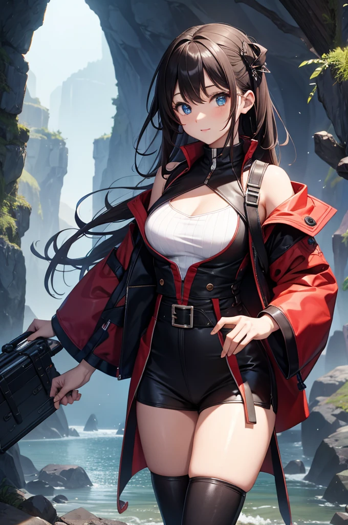 ((best quality)), ((highly detailed)), masterpiece, absurdres, extremely detailed face, beautiful face, (detailed eyes, deep eyes), (1girl), <lora:slim_tall-plump_short:.5>, fighting stance, <lora:hairdetailer:.8>, <lora:genshinimpact_amber:1>, brown hair, long hair, hair ribbon, brown eyes, smiling, amberdef, goggles on head, shrug \(clothing\), long sleeves, brown gloves, short shorts, red thighhighs, cleavage, salute, (outside, at a graveyard, evening, night sky, stars, moonlight)