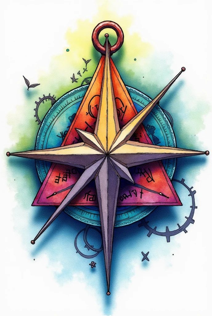 Create a three-dimensional compass and whrite the inscription "VOX CHART" inside it. Using the combination of watercolor and mixed media colored pencils. Use vibrant colors.