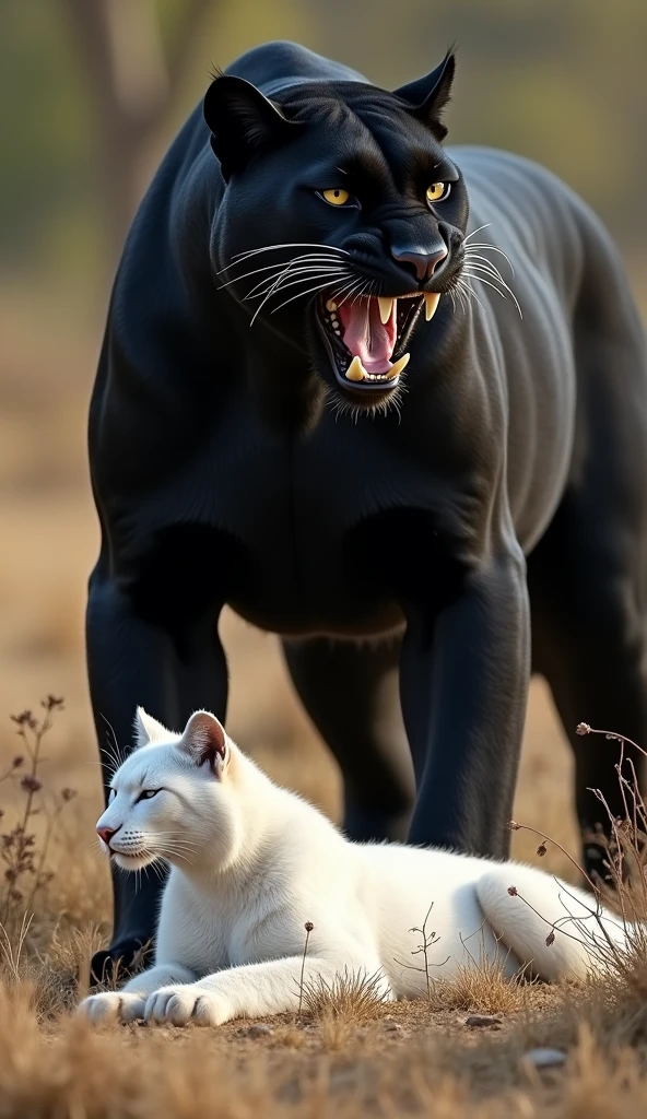 "A scene of two majestic big cats in the wild, featuring a black panther standing over a resting white Lynxe. The panther is standing triumphantly, mouth open as if growling or roaring, with its muscular body on full display. The Lynxe lies beneath, appearing relaxed with closed eyes. The setting is a natural landscape of dry grass and sparse greenery in the background."