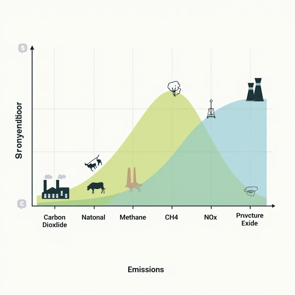 Graph sectors representing CO₂, CH₄ e NOₓ, with small pictures next to them indicating their sources as factories, pastures and agricultural fields.