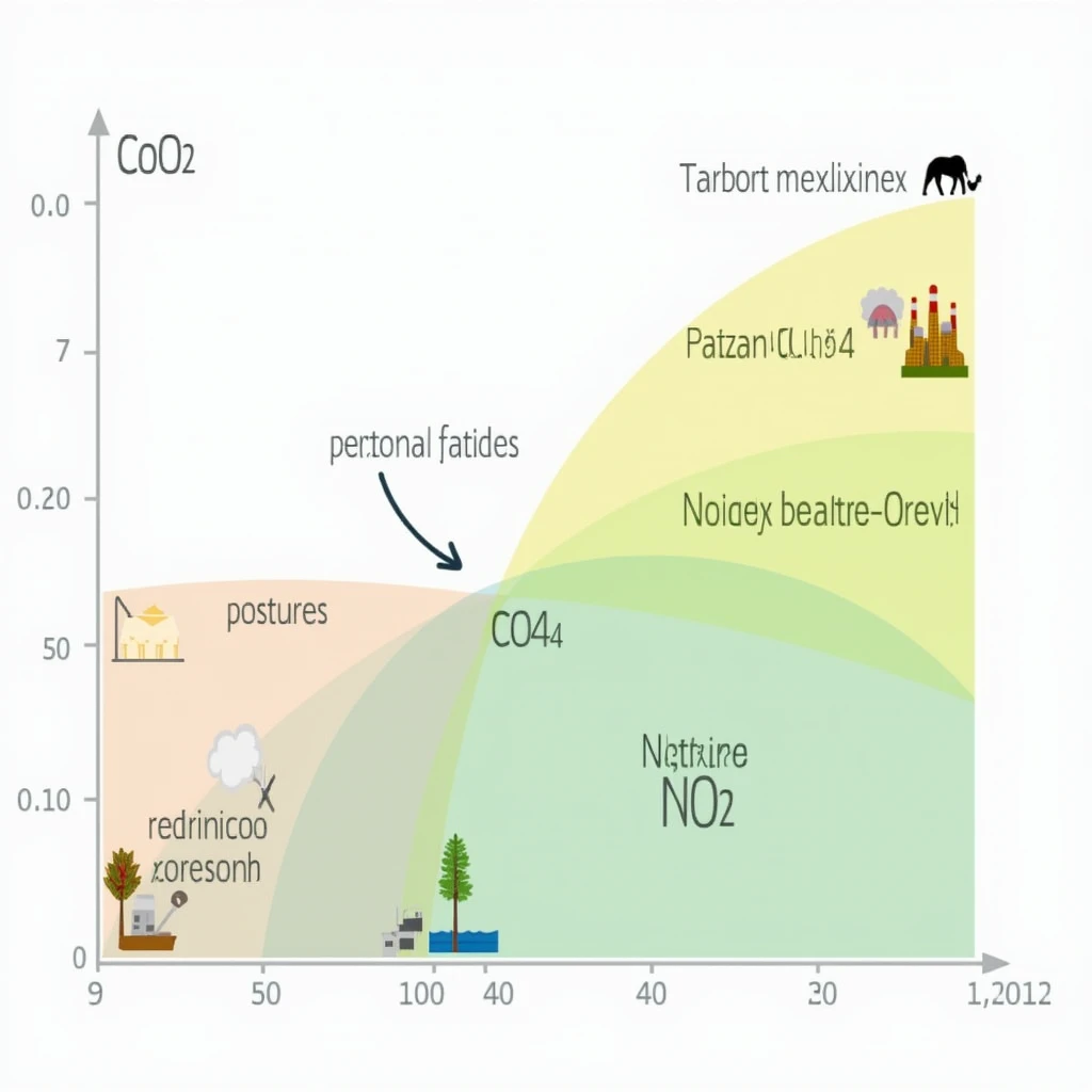 Graph sectors representing CO₂, CH₄ e NOₓ, with small pictures next to them indicating their sources as factories, pastures and agricultural fields.