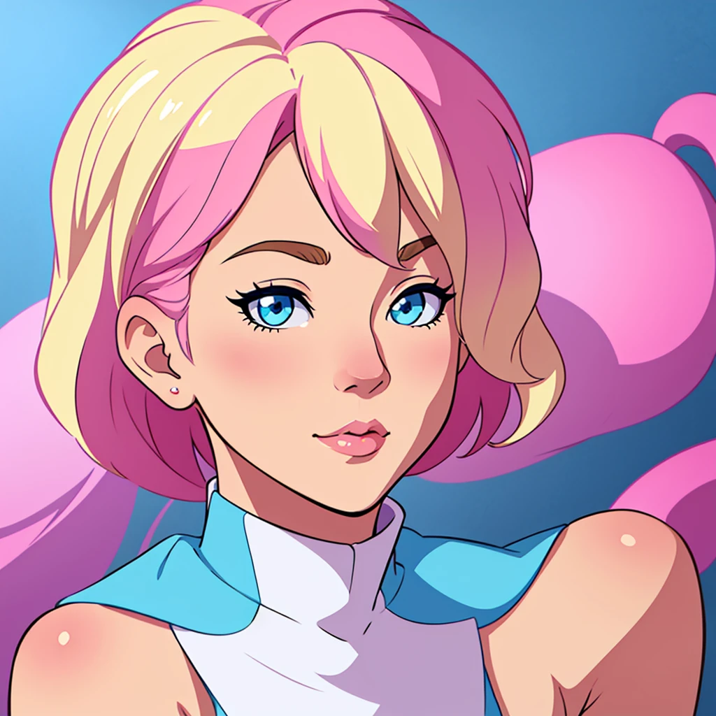 girl with medium short fluffy blonde hair with pink highlights,blue eyes, half body, portrait type, soft colors unique and cute character design, pastel colors included, a single character. 