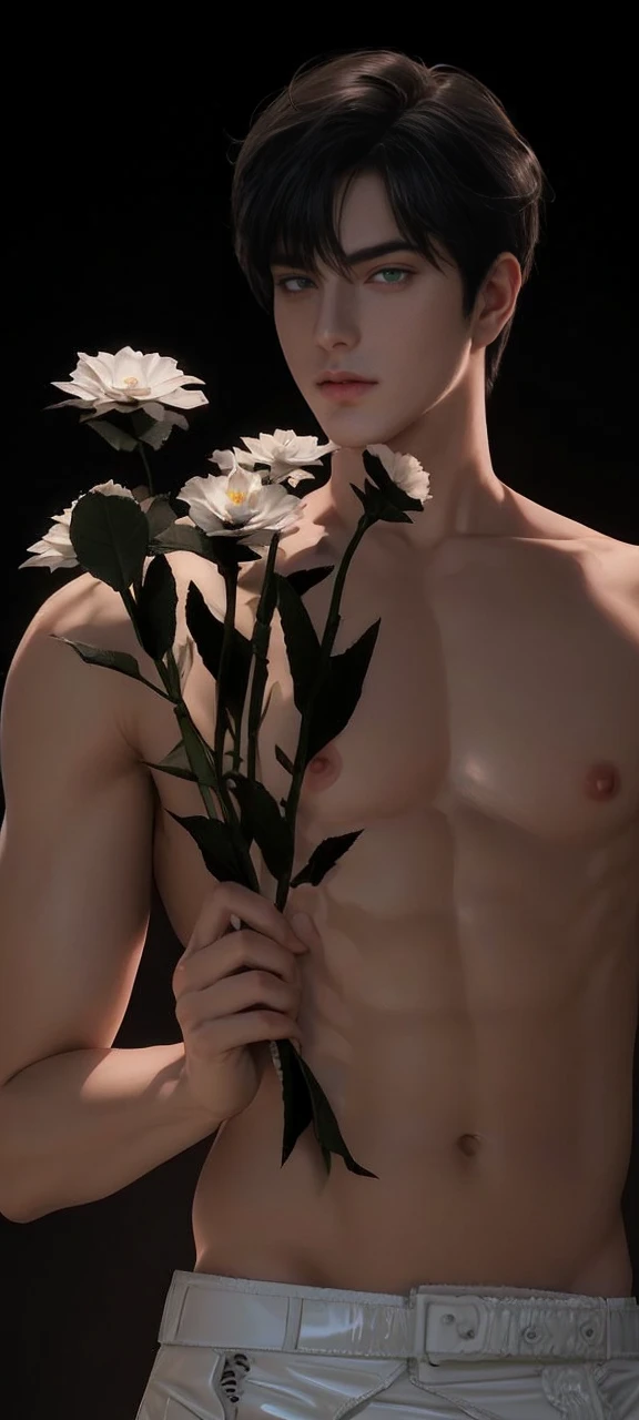 Male handsome, masterpiece, best quality, anime, highly detailed face, highly detailed eyes, highly detailed background, perfect lighting, 1male, solo, full body, standing, latex legwear, black hair, detail flowers, naked torso, green eyes,