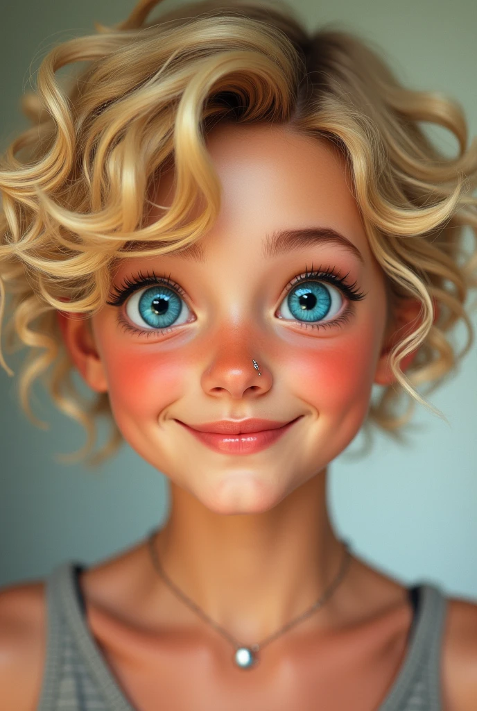 Blonde curly short hair,blue eyes,dimples and a septum piercing!