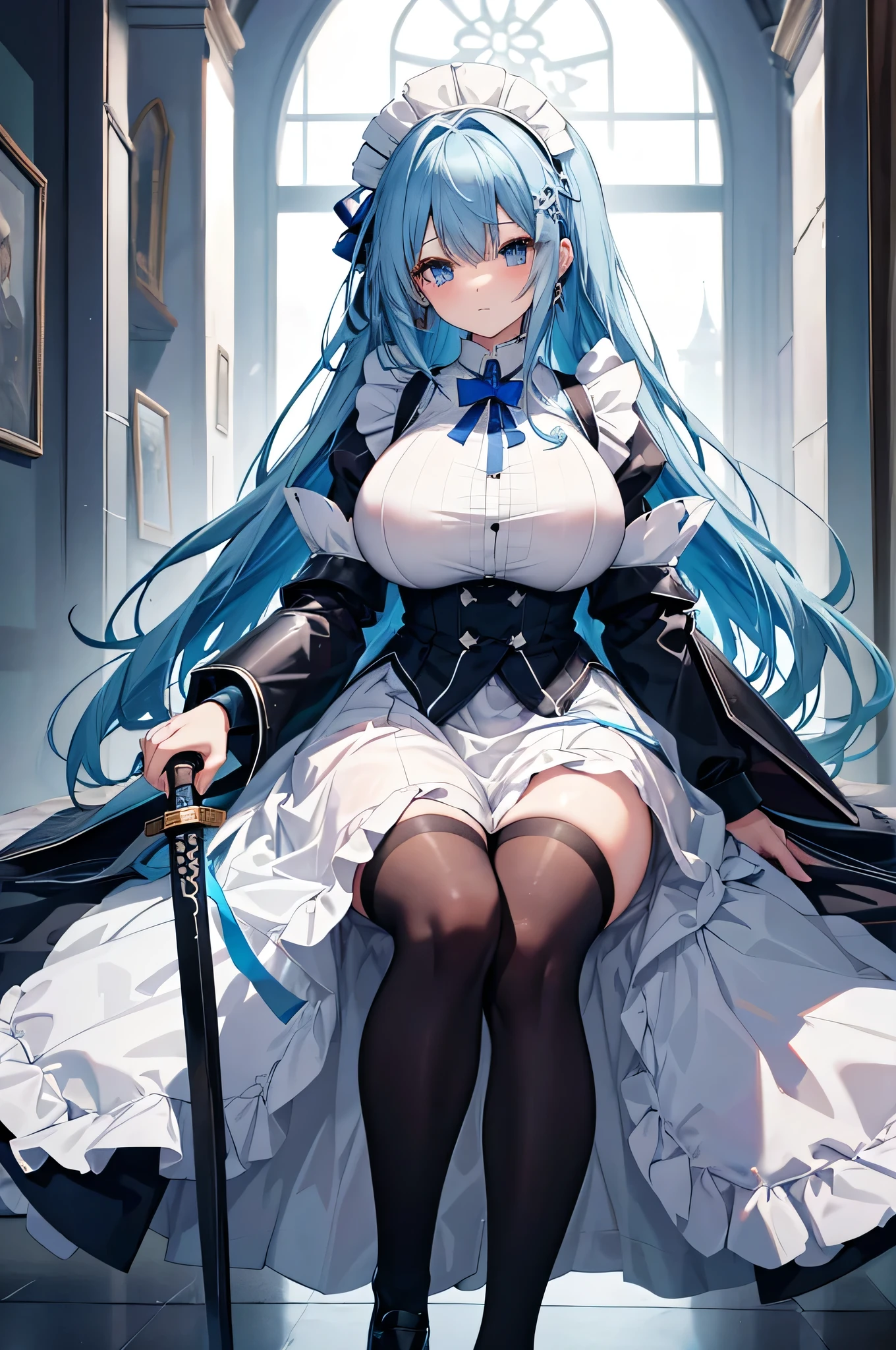 masterpiece,1girl,solo, purple hair,hair hair over one eye,horns,maid apron, center opening, bare shoulders, closed mouth, white white legwear, <lora:augustmaid-000002:1>