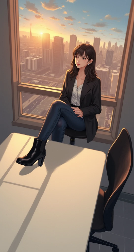 soft Asian girl wearing glasses and a black blazer, all-black blouse and jeans, black boots, sitting cross-legged, waiting in an office chair, looking out the window at the sunset in a city full of buildings