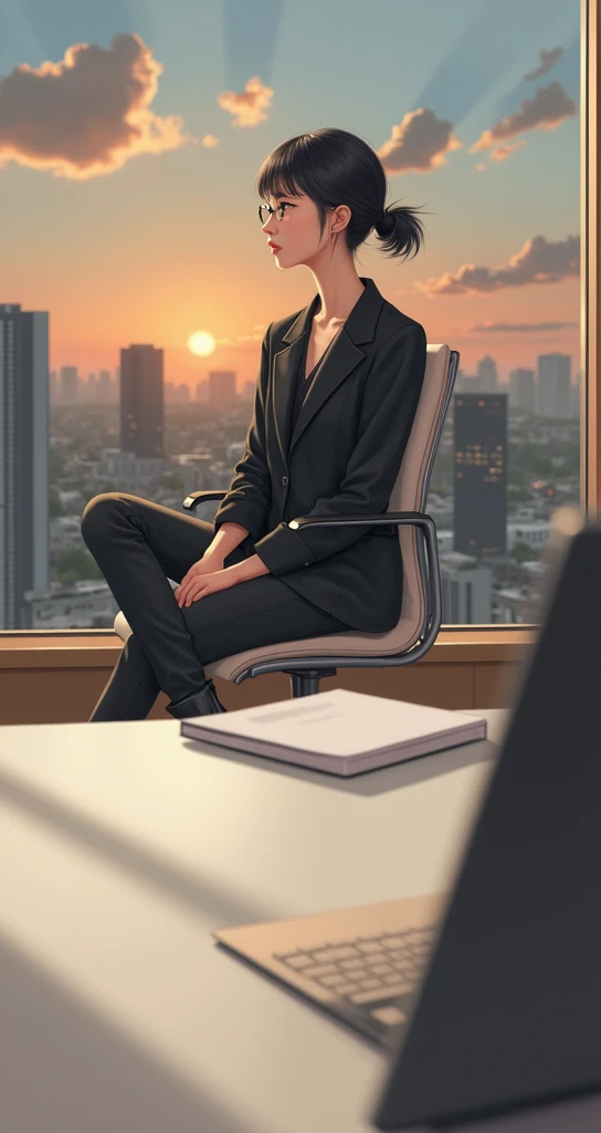 soft Asian girl wearing glasses and a black blazer, all-black blouse and jeans, black boots, sitting cross-legged, waiting in an office chair, looking out the window at the sunset in a city full of buildings