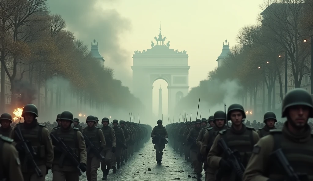 intricate detailed cityscape of paris in chaos, soldiers marching on champs élysées, cinematic dramatic lighting, (best quality,4k,8k,highres,masterpiece:1.2),ultra-detailed,(realistic,photorealistic,photo-realistic:1.37),dramatic war scene, military vehicles, smoke, destruction, moody dark colors, gritty textures,cinematic composition,striking angles