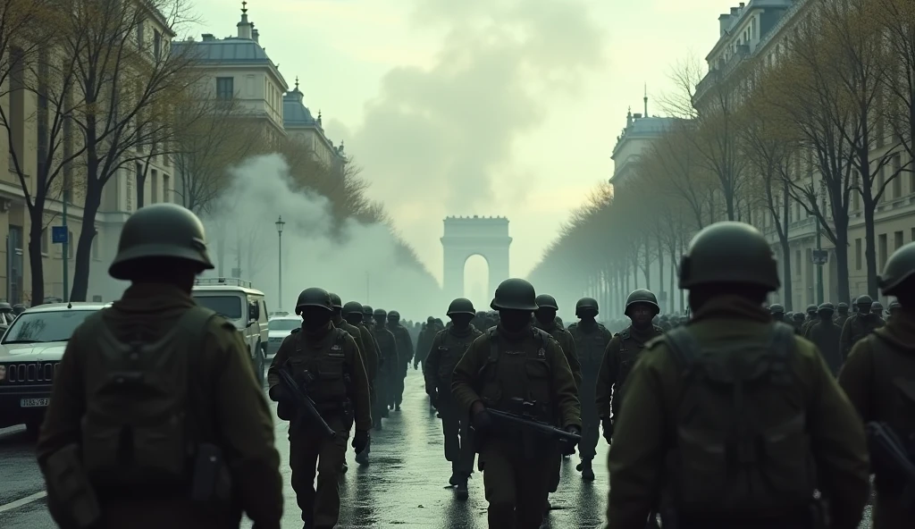 intricate detailed cityscape of paris in chaos, soldiers marching on champs élysées, cinematic dramatic lighting, (best quality,4k,8k,highres,masterpiece:1.2),ultra-detailed,(realistic,photorealistic,photo-realistic:1.37),dramatic war scene, military vehicles, smoke, destruction, moody dark colors, gritty textures,cinematic composition,striking angles