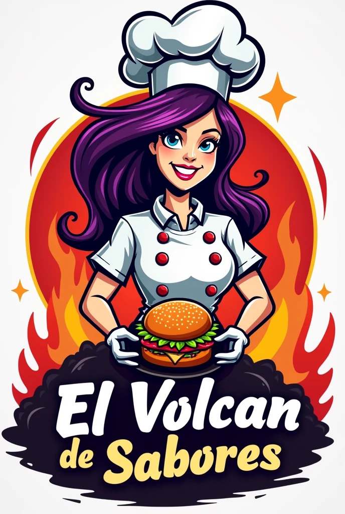 Could you please create a logo for a fast food restaurant with homemade hamburgers with a white female chef with black hair and purple streaks with a grill, a volcano and with the name El Volcán de Sabores written on it with a hamburger?