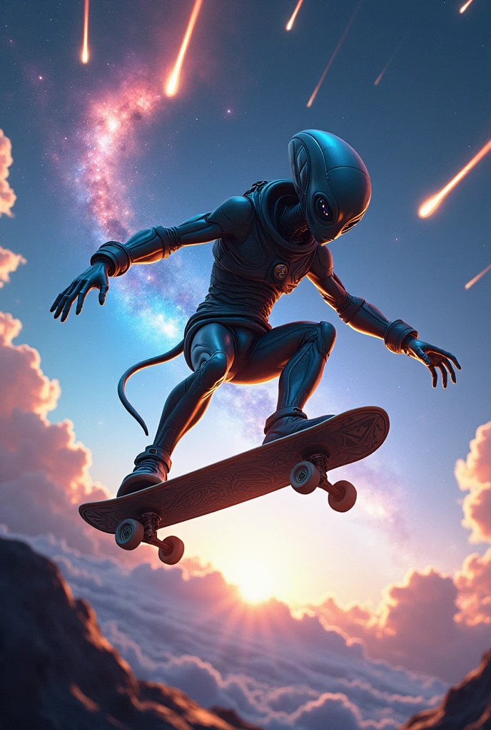Alien skateboarding with meteors falling from the sky