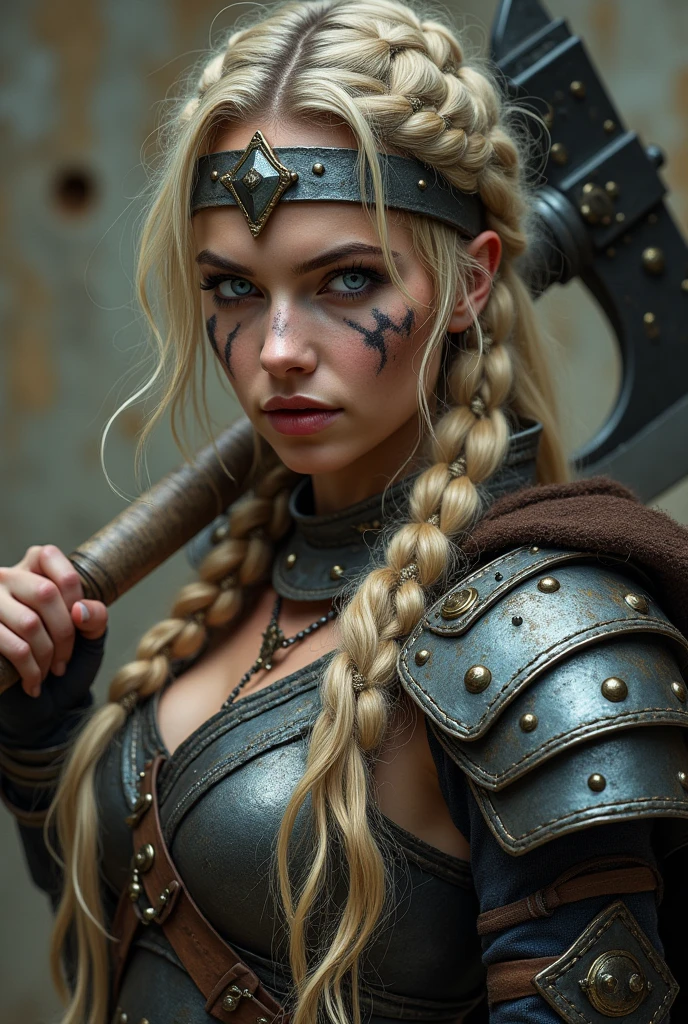 High-resolution, fantasy-themed portrait of a fierce female warrior. The layout is centered, focusing on the subject's upper body. She has long, wavy blonde hair, partially braided, and intense blue eyes. Her facial features are sharp, with a determined expression. She has a light skin tone with war paint streaks across her face. She is adorned in rugged, metallic armor with intricate designs, and a headband featuring a diamond-shaped emblem. She holds a large, double-headed axe with a wooden handle and metal accents. The background is a textured, earthy wall, enhancing the gritty atmosphere of the scene.Hyperrealism, Gothic art, 4K, anatomically correct, masterpiece, high details, award winning, high quality, super detail, best quality