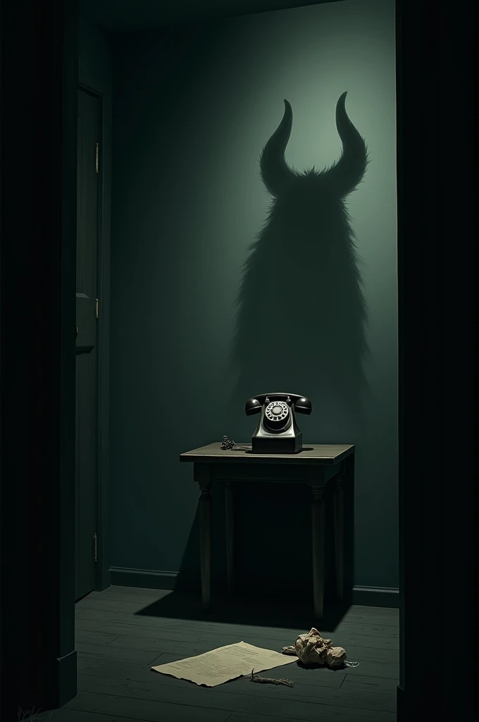 A dark room with a telephone on a small table, a shadow of a demon on the wall, and a small crumpled piece of paper on the floor. There is a gloomy atmosphere in the room.