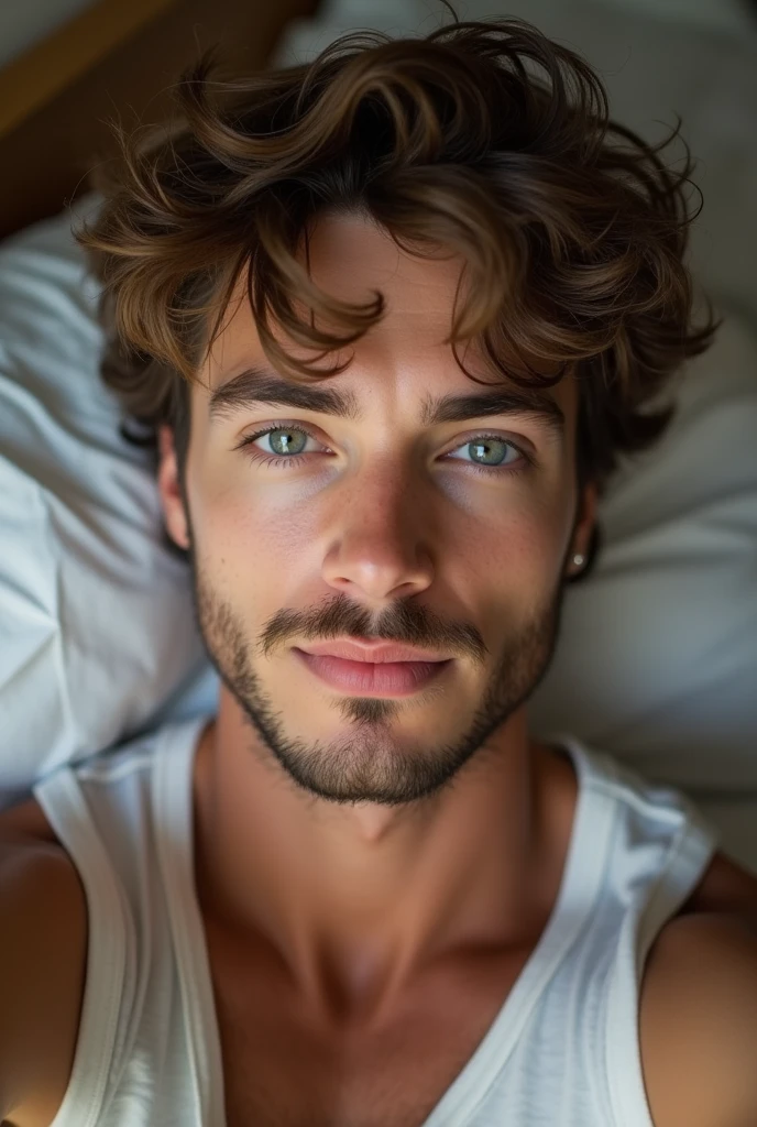 Handsome beautiful guy with fluffy messy hair in bed taking a selfie