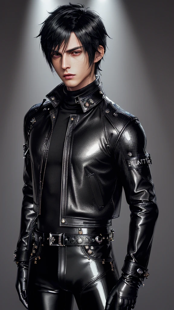 ((Final fantasy taste and reality graphics)), ((Japanese young cute and cool ikemen boy)), his age is early 20s, thin eyebrows and beady eyes, ((((he wearing black color and shining brightly enamel leather thick single-brest jacket)))), ((with epaulet)), ((enamel leather jacket close all zippers)),, ,(( jacket collar is high length stand-up collar with belts)), jacket is a little black line pattern,close the front of the jacket, (((also wearing black color turtleneck shining brightly enamel leather shirts))), (((tight black and shining brightly enamel leather pants))), ((((shining brightly black enamel leather tight and thin glove)))), ((black color and shining brightly leather knee-high raceup boots)),head-to-toe, whole body, boy looks like fashion model,Do not show skin from the neck down,(((all his clothes are shining)))