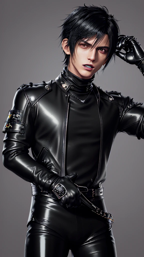 ((Final fantasy taste and reality graphics)), ((Japanese young cute and cool ikemen boy)), his age is early 20s, thin eyebrows and beady eyes, ((((he wearing black color and shining brightly enamel leather thick single-brest jacket)))), ((with epaulet)), ((enamel leather jacket close all zippers)),, ,(( jacket collar is high length stand-up collar with belts)), jacket is a little black line pattern,close the front of the jacket, (((also wearing black color turtleneck shining brightly enamel leather shirts))), (((tight black and shining brightly enamel leather pants))), ((((shining brightly black enamel leather tight and thin glove)))), ((black color and shining brightly leather knee-high raceup boots)),head-to-toe, whole body, boy looks like fashion model,Do not show skin from the neck down,(((all his clothes are shining)))