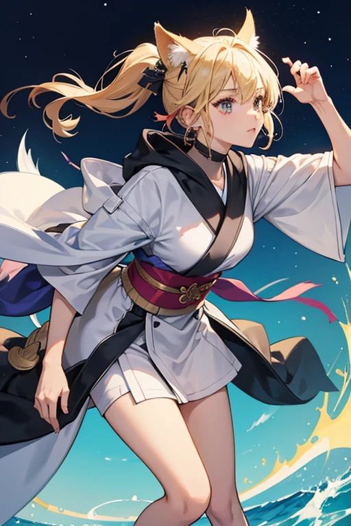 she blond hair. Sayu's outfit, which includes a hoodie and a tail, is styled after a mujina. She wears a short kimono with short sleeves and a black sash wrapped around her waist. She has a pair of fingerless gloves, with one going past her elbow and the other ending at her forearm, along with a pair of handguards. She always keeps her hood up, which has mujina ears and a leaf resting between them. She additionally wears sandals with a ribbon wrapped around her right ankle. Her vision is attached to a sash that she wears on her left thigh. SPARKLE; GLITTER