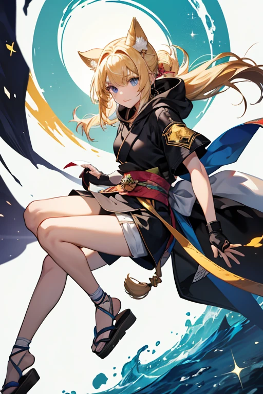 she blond hair. Sayu's outfit, which includes a hoodie and a tail, is styled after a mujina. She wears a short kimono with short sleeves and a black sash wrapped around her waist. She has a pair of fingerless gloves, with one going past her elbow and the other ending at her forearm, along with a pair of handguards. She always keeps her hood up, which has mujina ears and a leaf resting between them. She additionally wears sandals with a ribbon wrapped around her right ankle. Her vision is attached to a sash that she wears on her left thigh. SPARKLE; GLITTER