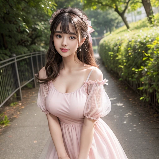 laughing out loud，travel scenery photos，Wear a flashy dress，mesh dress，puffy dress，pink dress，肩上有Puff sleeves，Puff sleeves，公主Puff sleeves，Puff sleeves蓋住肩膀，Puff sleeves cover shoulders，Short sleeve，A-line dress，High neck, Fluffy and lightweight dress，（The dress is made of mesh）, There are pink ribbon bows on both sides of the collarbone.，High hem A-line skirt，1 female, On the face, light brown hair, blunt bangs, hair behind ears, Shoulder length hair, long hair, Slender body type, 超face slimming型, face slimming, delicate lips, beautiful eyes, Thin blush, Eyes are light brown,Check it out here, (actual:1.3), One person's perspective, 8k, Super detailed, high quality, best quality, High resolution，2,above knee shot，Breast protrusion，plump breasts, Breasts in clothes，Clothing covers the breasts