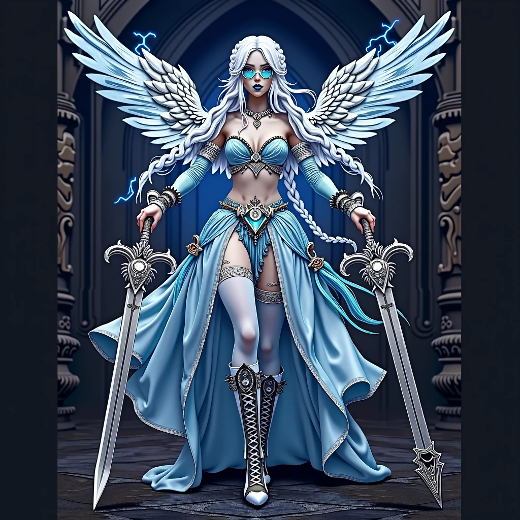 (wearing big rayban aviator sky blue tinted sunglasses with diamond skeleton), (left wristband contains steampunk clocks), (watches and time related engines), (boots contain fancy silver embroidery), (using silver hoops for earrings), (the front part of the hair have been partially dyed cyan), (blue lipstick), (photorealistic), (full body view), (walking), (background white), (a woman with wings and a halo), (ice sorceress), (ice mage), (full portrait of elementalist), (world of warcraft art style), (beautiful ancient frost witch), (clothed in ethereal battle armor), (painted in the style arcane), (clothed in ethereal armor), (epic mage girl character), (mystical atlantean valkyrie), (ice crystal armor), (white shiny hair in high-wide pigtail braided ponytails), (large amount of metal, diamond and silver accessories), (fancy silver crystal artistic boots with spikes and dragonic look with white diamonds and big pointy heels), (shiny silver satin belt with white crystal crescent moon diamond in the middle), (important wearing extra silver and diamond jewellery like rings, earrings, wristbands, armbands, necklaces, choker, tiara, hair clips), (huge anime big large and cute gray eyes with long eyelashes), (intricate detailed decorations white hair with braided pigtails and long hair), (artistic tattoos highlighting her edgy persona), (cute pretty beautiful symmetric face, cute nose, juicy shiny silver lips), (symmetry), (dual colored open wrap blue ballgown dress with cyan textures and white embroidery), (cyan satin schoolgirl style skirt), (white stockings with cyan laces attached on the underpants), (blue tinted sunglasses with silver frame and diamonds), (holding two glowing cyan silver long great sword weapons emmanating energy blue flame and electricity in both hands), (angelic wings with silver metal framing), (moody ambiance), (highly detailed, HD), (cinematic lighting), (mirror blue sunglasses)