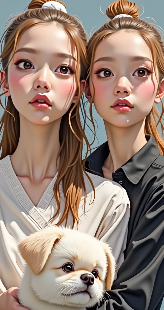 Create a high-resolution, photorealistic LINE sticker set of a young Japanese woman with large brown eyes, long brown hair styled in a high ponytail with a white hair tie, and fair skin. She has gold inner highlights in her hair and is wearing stylish clothes. Her eye makeup is slightly gyaru-inspired, with slightly thicker eyeliner, defined eyebrows, and longer, more noticeable eyelashes. The character should be holding a fluffy, cuddly dog with soft, plush fur that looks comforting to hug. The dog should have a friendly and cute appearance, with large eyes and floppy ears.

The character and the dog should be depicted with 10 different expressions and attitudes, all compiled into a single image. The expressions and attitudes include:
1. Neutral face while holding the dog
2. Smiling face while cuddling the dog
3. Smiling with full body showing happiness while holding the dog
4. Sad face while holding the dog
5. Angry face while holding the dog
6. Surprised face while the dog looks up at her
7. Winking face while playing with the dog
8. Blushing face while the dog licks her face
9. Laughing face while holding the dog close
10. Tired face while the dog rests on her lap

Ensure the image looks like a photograph of a real person holding a real dog, capturing details such as skin texture, natural lighting, the soft texture of the dog's fur, and subtle facial features. Each character with the dog should be clearly visible and distinct within the single image layout, suitable for use as LINE stickers.
