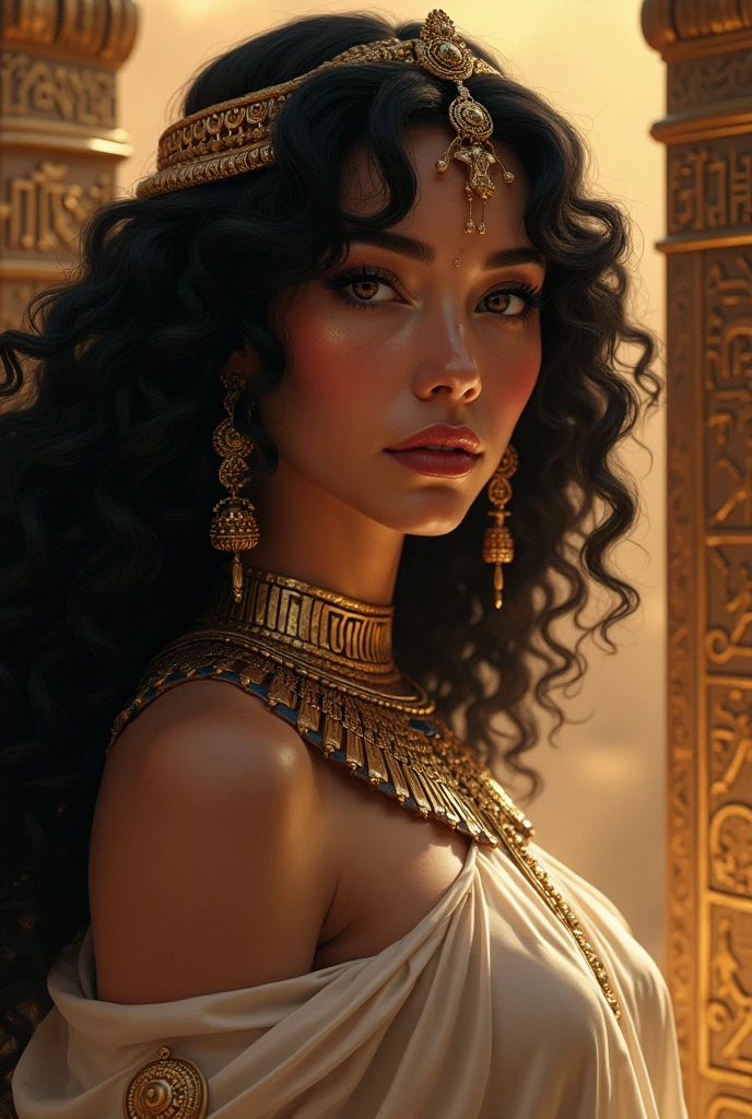 A goddess of Egypt, with defined black curly hair, fair skin and brown eyes, and striking ancient Egyptian makeup