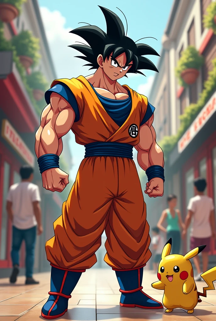 big and musculature goku whith black hair and orange and little pikachu are friends in the mall