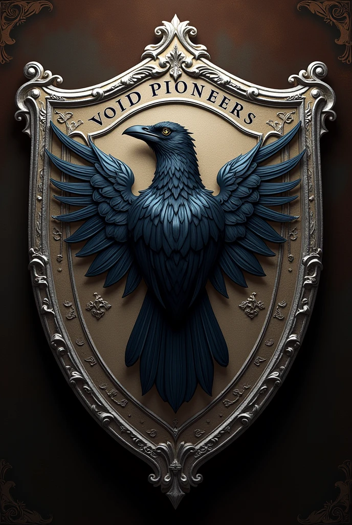 You can create a logo (shield) with a silver border, with a crow (in the center) , With outstanding embroidery with a ribbon with Renaissance letters At the top that say "Void Pioneers" in Renaissance style That the title is at the top of the shield