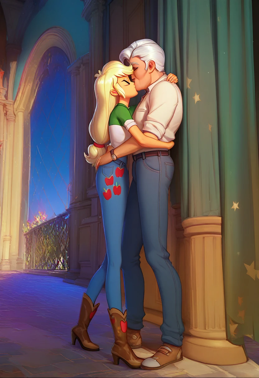 applejack (equestria girls), heavily made up, leaning against the wall, romantic relationship, mansion, night, age difference, old and young, 1 very old man, alone, hug, kiss of love