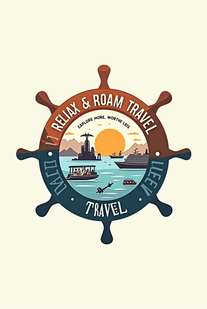 make me a witty, clean, elegant logo of RELAX & ROAM TRAVEL with a vibe of relaxing vacations, anchor, cruise ship, travelers, guests, tour guides, island, travel bags, airplane, bus, sea water and the name of the company which is RELAX & ROAM TRAVEL and it's SLOGAN "explore more, worry less" inside of a one steering wheel, like LOGO, should be detailed and understandable, this all should be inside of steering wheel and there's a design outside of steering wheel 