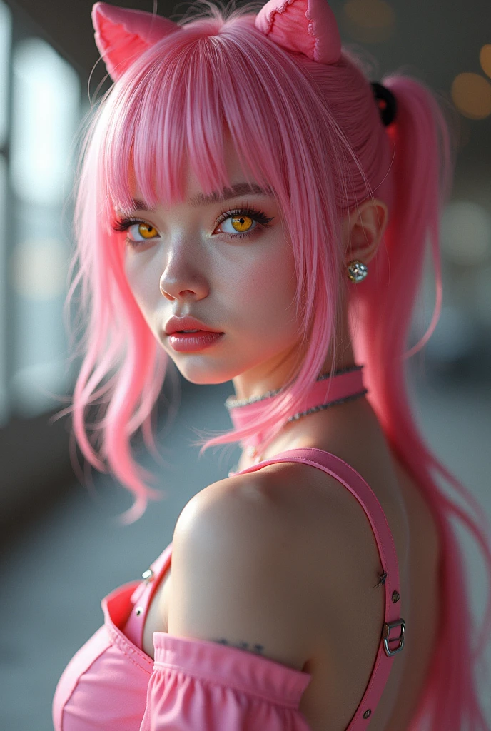 (8k, CRU photo, best qualityer, work of art), ultra-high resolution, (realisitic, photo-realisitic), 1 girl, Emotionless, standing alone, pink  hair, yellow  eyes, professional lighting, Detailed lighting, contra-luz, Depth of field, natural lighting, sharp focus, shooting distance of two meters, professional photo session, detailedeyes, realisitic eyes, detailed shadow, CG game, cosplay, pink clothes with arm ring,  suspenders, trunk, pink clothes, outer, tails, Gundam, Mecha, Robot, profile icon style photo