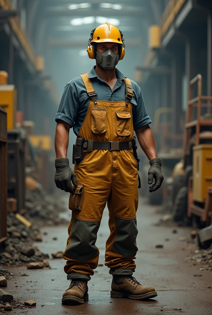 Worker wearing helmet, Boots, ear plugs, face masks and overalls for protection