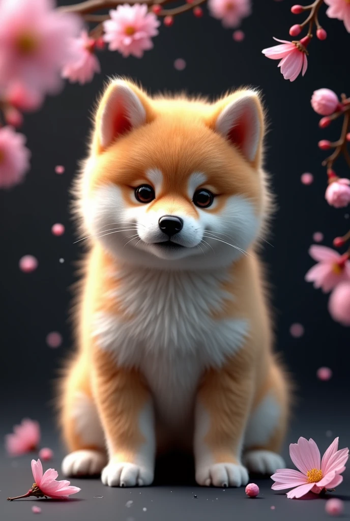 A captivating and surreal photographgraph of a cute extra fluffy  柴犬 rendering of ソメイヨシノ, Dark Background. feather, Bright colors,  The background provides sharp contrast、Engage your audience&#39;Note., photograph, 3D Rendering, Conceptual Art