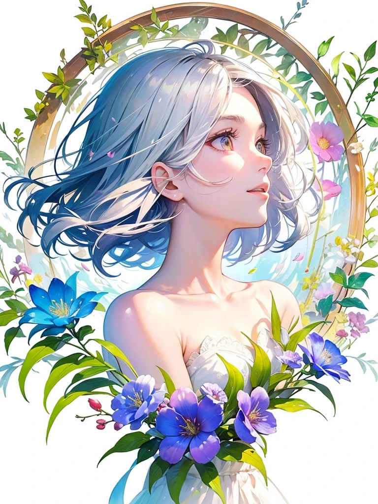 (masterpiece、Highest quality、Highest quality、Beautiful and beautiful:1.2)、Excellent anatomy、(Watercolor painting 1.5)、Long Shot、straight short hair images、Trendy Hair Color, Beautiful Face、Beautiful profile, Look up at the sky, I pray, Fairy, 蝶のFairyのコスチューム、Pure white、Pure、charm, Colorful flowers of different colors, Flower and leaf wind、Botanical Art,
