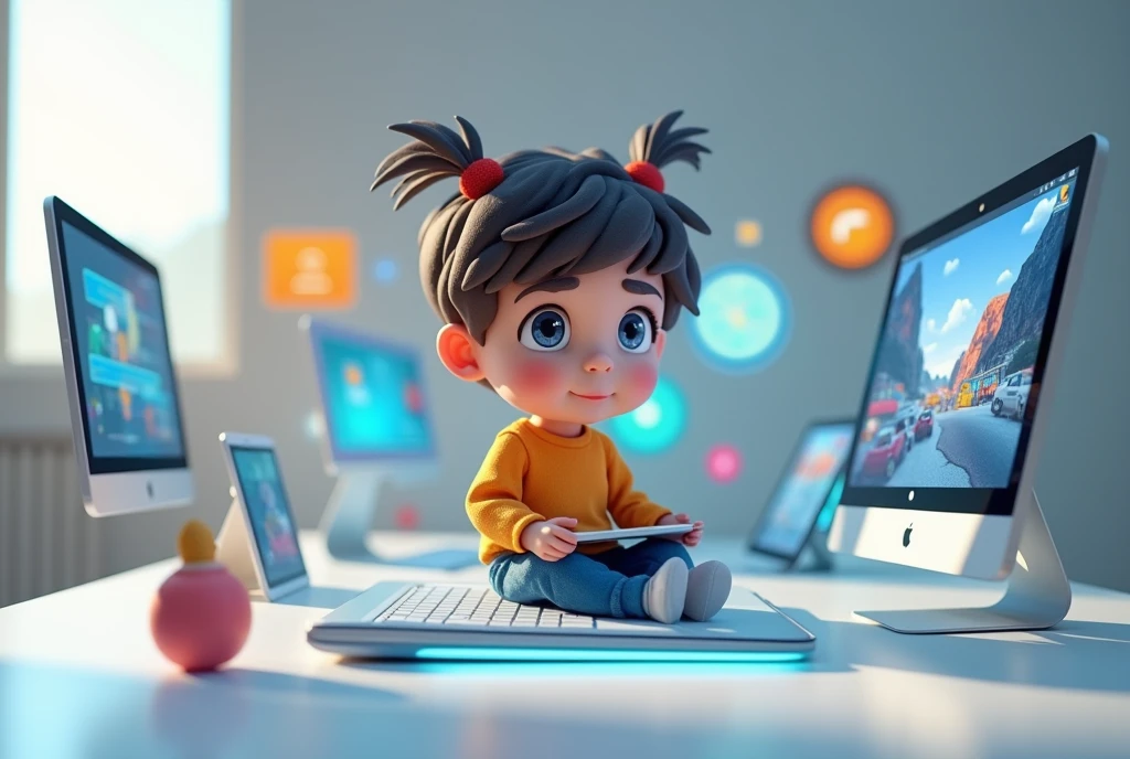 I need a drawing of a single child using technology as a learning method, where the typical elements of technology such as tablets are reflected, telephone, computers, smart displays...
Please make the drawings in 3D. I need all the images to have harmony in terms of creation., that they are all of the same style