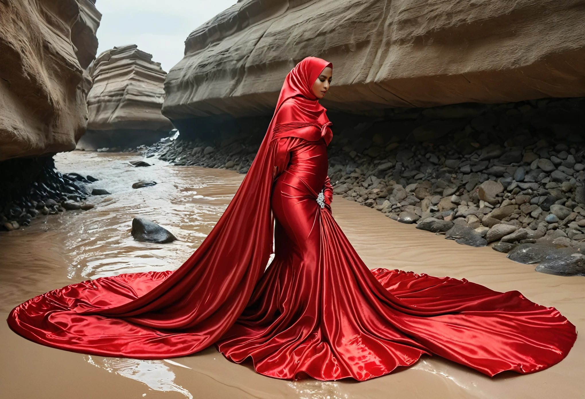 A woman shrouded in a 9-meter-long, plush red satin cloth, tightly bound and grandly draping along the form of her body, flowing off into a pooled floor-length train, styled in a mermaid-inspired outfit, her head modestly veiled in a satin hijab, 175 height woman, walk in wet rock, a full-body pose conveying a sense of elegance, captured in a 4k resolution, ultra-realistic