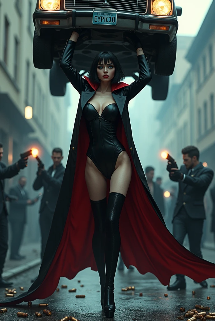 Dark short haircut blue eyes sexy beautiful supervampire gothic girl stockings high heels black uniform very tall red cape lifts a car overhead  in the air with one hand . The gangsters are frightened and fire their machine guns at her, all the bullets bouncing off her, flattening and deforming, and falling to the ground.