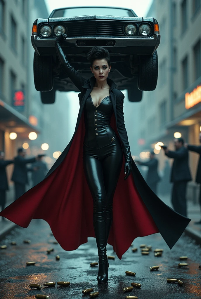 Dark short haircut blue eyes sexy beautiful supervampire gothic girl stockings high heels black uniform very tall red cape lifts a car overhead  in the air with one hand . The gangsters are frightened and fire their machine guns at her, all the bullets bouncing off her, flattening and deforming, and falling to the ground.