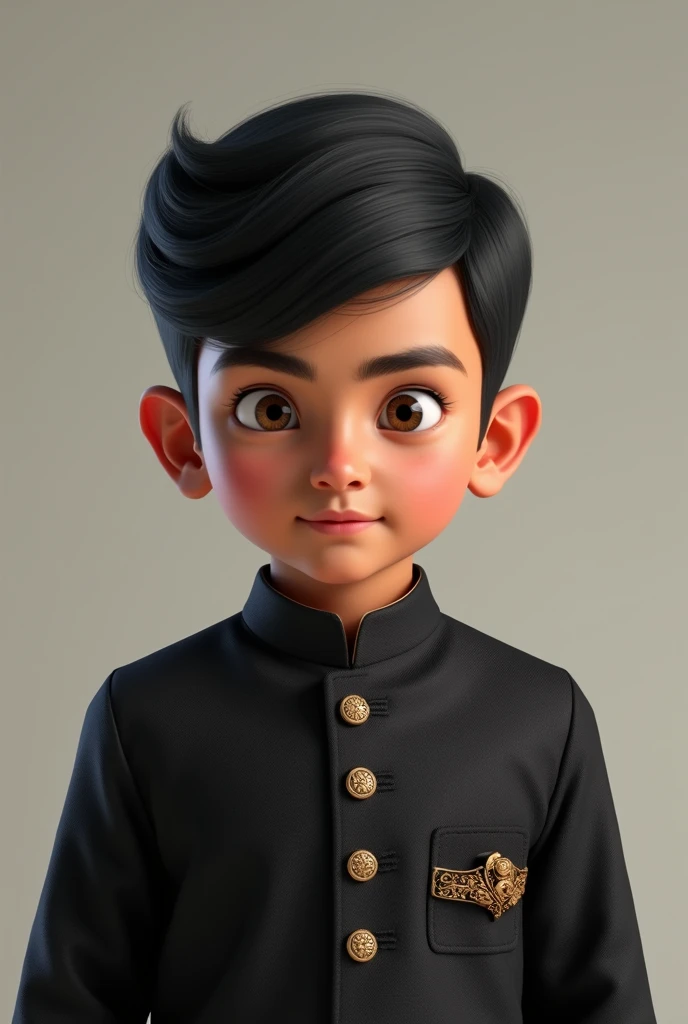 Nepali boy having  light black  hair The side-parted comb-over and eyes and light skin  wearing Black Jaquard Boys Indo Western who looks realistic as possible and human