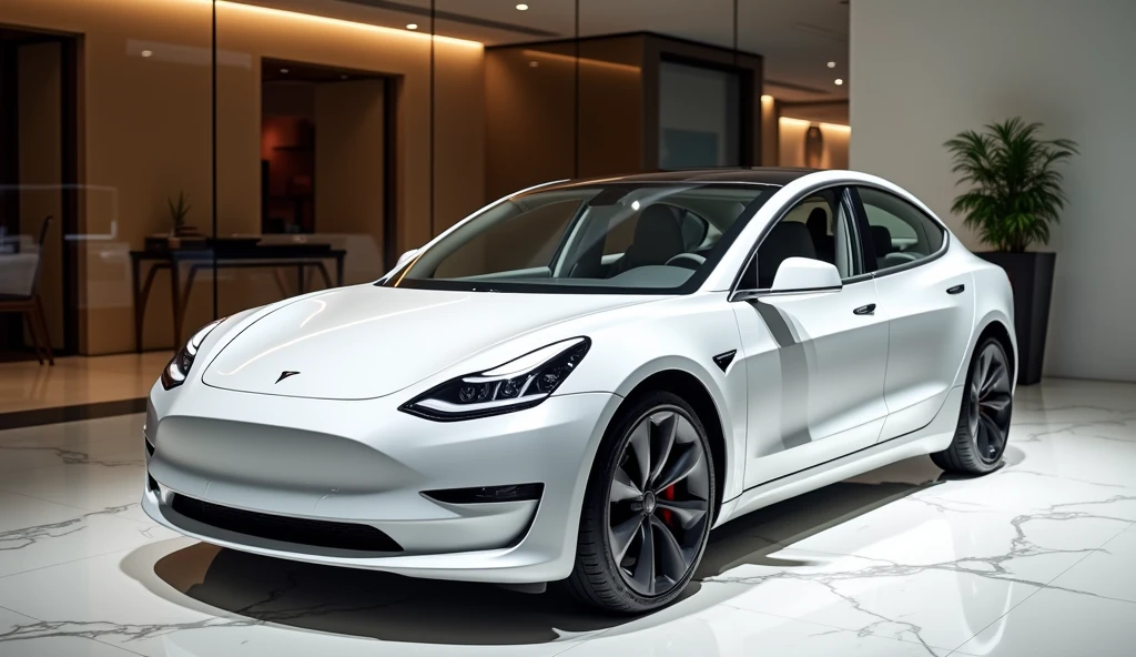 A luxurious view of the New 2025 Tesla Model 3 in a pristine white color, elegantly parked in an upscale showroom. The sleek and modern design of the vehicle is highlighted by its aerodynamic lines and minimalist aesthetics. The glossy white finish gleams under the showroom’s refined lighting, emphasizing the Tesla’s cutting-edge technology and clean energy innovation. The showroom is designed with opulent features such as polished marble floors, expansive glass walls, and stylish decor, creating a sophisticated atmosphere that perfectly complements the Tesla Model 3’s forward-thinking design and premium quality.